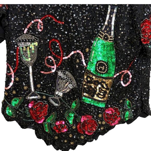 Vtg Lawrence Kazar Black Beaded Cocktail Top Blouse Silk XL Embellished - Picture 8 of 9